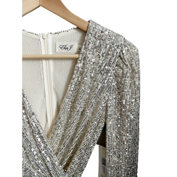 Nwt Eliza J Stretch Sequin Long Sleeve Surplice V-Neck Tie Waist Faux Wrap Top 6 - Picture 10 of 11